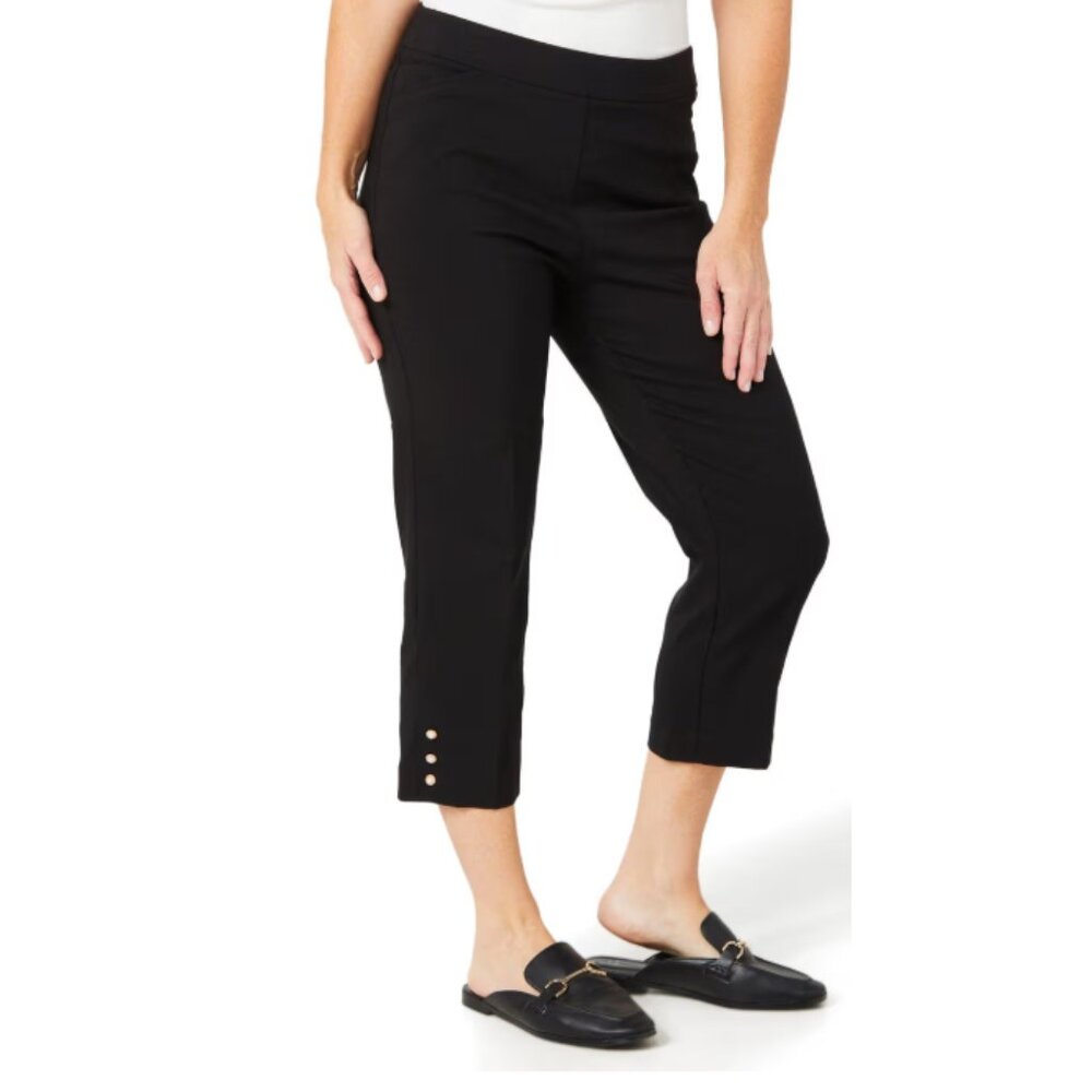 NEW Counterparts Elegant Black Dress Pants mid rise-crop Pearl Button Hem Capris